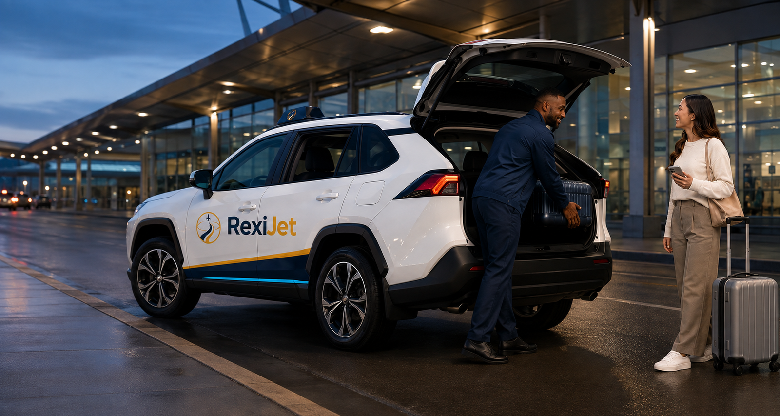 A RexiJet driver helping a traveller load luggage at a Calgary airport terminal