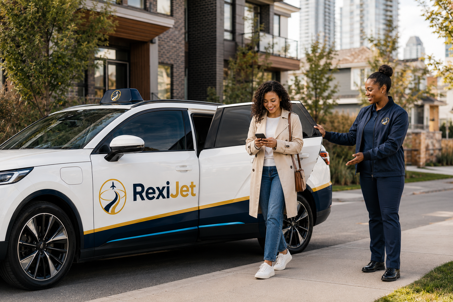 A RexiJet driver welcoming a rider after she books from her phone in Calgary