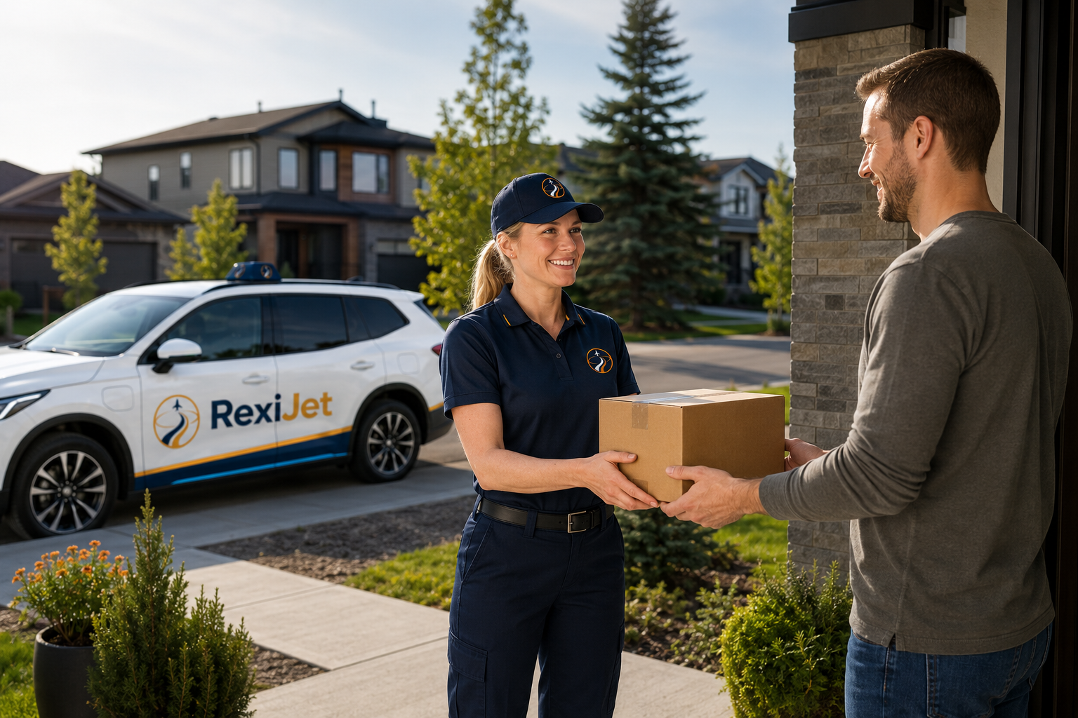 A RexiJet delivery driver handing a parcel to a customer at a Calgary home