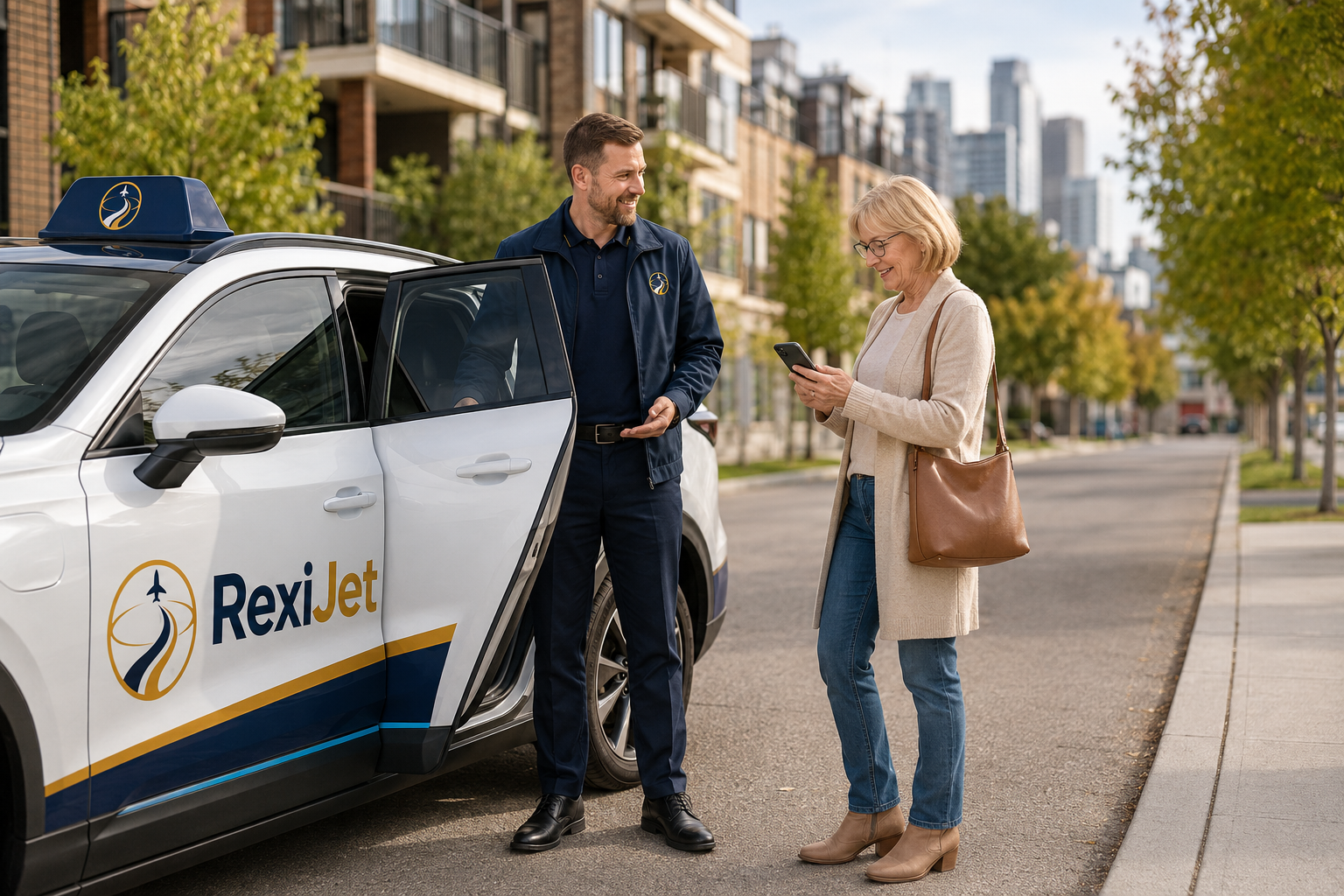 A RexiJet driver welcoming an older rider as she checks trip information on her phone in Calgary