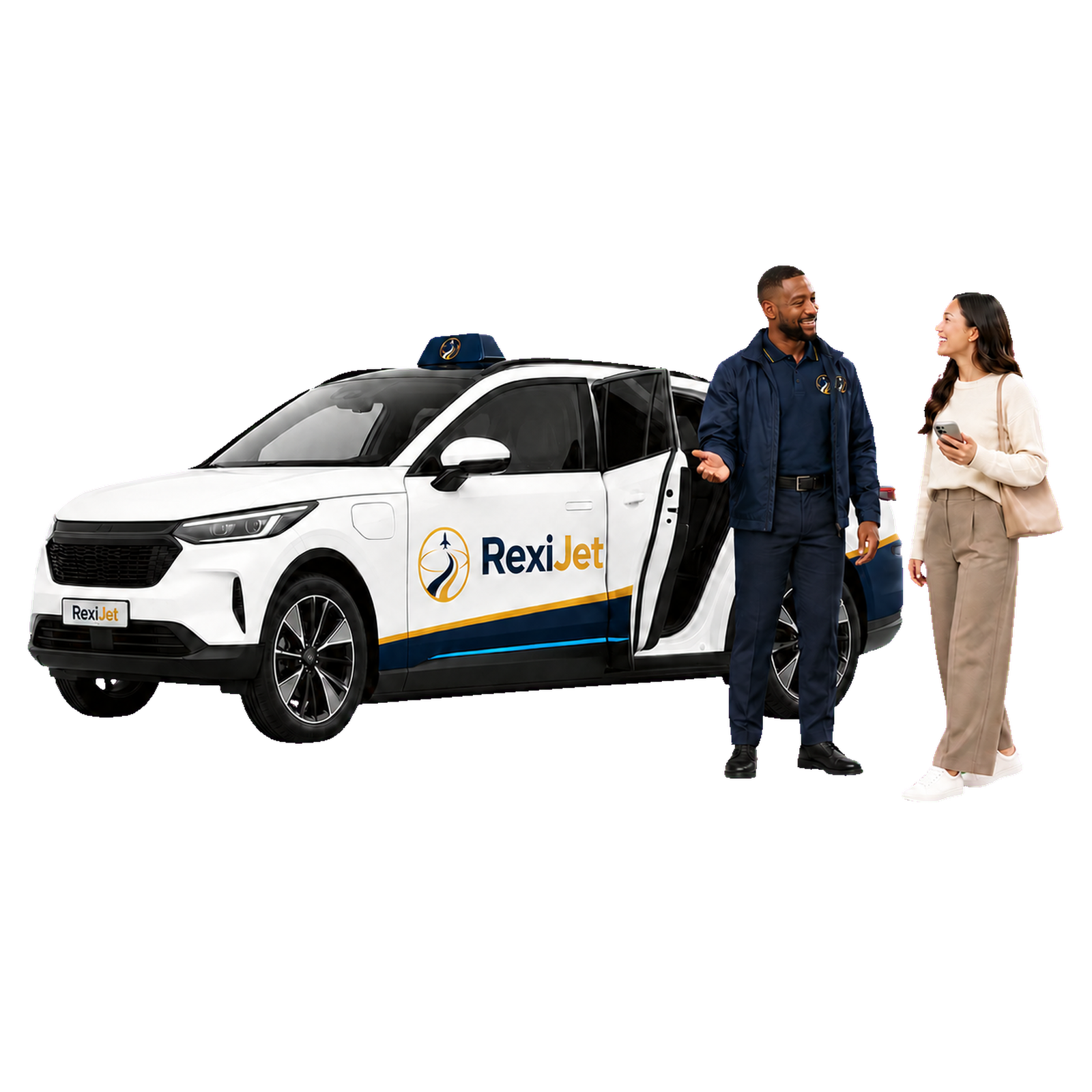 A RexiJet driver welcoming a rider beside a branded vehicle in Calgary